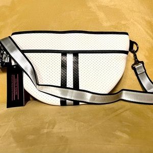 Haute Shore Brett Midtown Belt Bag White Silver Black Stripe NEW